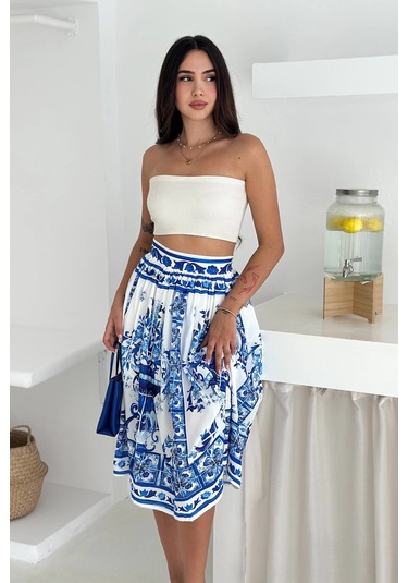 İthal Krep Kumaş Desenli Etek Mavi Mavi