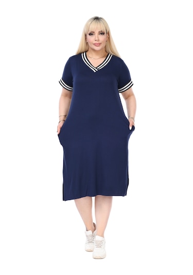 Melsay Butik Lacivert Yakası Şeritli V Yaka Midi Elbise Lacivert