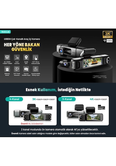 360+ Botslab G980h Pro 3k 4 Kameralı Wifi+gps Akıllı Araç İçi Kamera +150 Geniş Açı+yaya Algılama+gece Görüşlü 128gb Hafıza Kartı