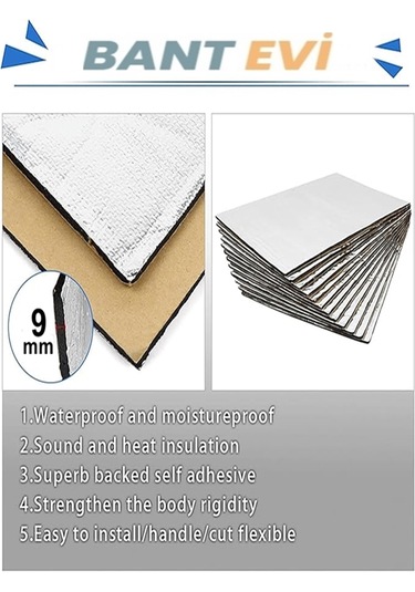 10 Adet 60x30cm Folyolu Oto Ses Isı Yalıtım Pedi 9mm Yapışkanlı