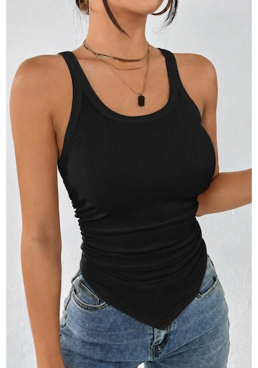 Cool Tarz Kadın Fitilli Atlet Slim Fit Kaşkorse Basic Yazlık Askılı Bluz Siyah