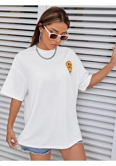Kadın Beyaz Oversize No More Rules Baskılı Örme T-shirt Beyaz
