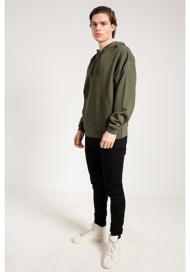Jahr Marc Haki Oversized Önü Cepli Kapüşonlu Erkek Sweatshirt Haki