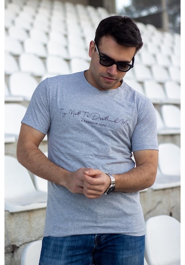 Erkek Gri El Yazısı İmza Baskı Normal Kesim Bisiklet Yaka Erkek T-shirt 22etsheyaz 001