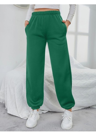 Yeşil Jogger Eşofman Altı - Lastik Paça Yüksek Bel Lastik Bel Yeşil