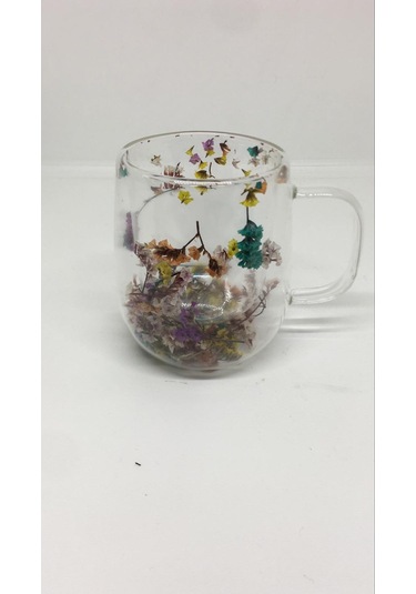 Lebron Isıya Dayanıklı Borosilikat Çift Cidarlı Kurutulmuş Canlı Çiçekli Kupa Çok Renkli