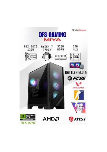 MSI DFS Gaming Mıya R7-7700X 32 GB 1 TB M.2 SSD 12 GB RTX5070 Dos Masaüstü Oyuncu Bilgisayarı