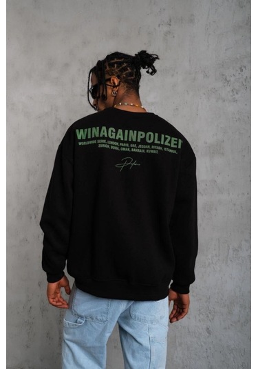 Erkek Oversize Sweatshirt Siyah Renk Ön Ve Sırt Baskılı, Üç İplik İçi Pamuklu Kumaş, Rahat Kalıp, Ribanalı Kışlık Sweat Winagain Polizei Serisi - Siyah Siyah