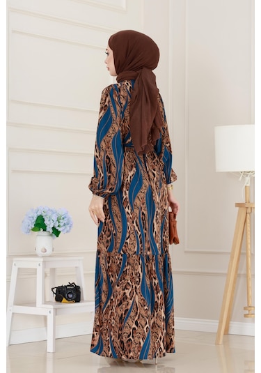 Sevitli Leopar Desenli Beli Tünelli Viscon Elbise-mavi-5089 Mavi