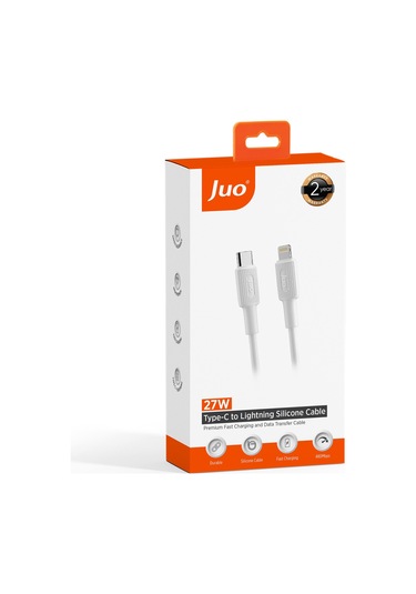 Juo JCBS272-W 27W USB Type-C To Lightning İphone Uyumlu iPad Silikon Hızlı Şarj ve Data Kablosu Beyaz 2 Metre