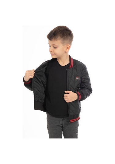 Erkek Çocuk Siyah Kolej Yaka İçi Astarlı Su Ve Rüzgar Geçirmez Fermuarlı Cep Mont Siyah