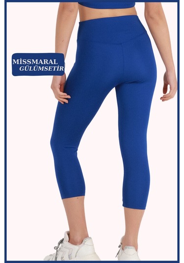 Kadın Yüksek Bel Toparlayıcı Kapri Tayt Saks Mavi Dar Paça Karyoka Dikiş Detaylı Capri 1020 Sax Mavi