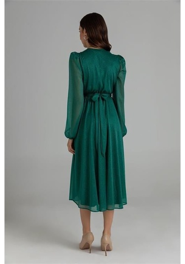Dipmoda Kadın Kemerli Kruvaze Yaka Simli Gece Elbisesi Dpnbmy3590 Yeşil