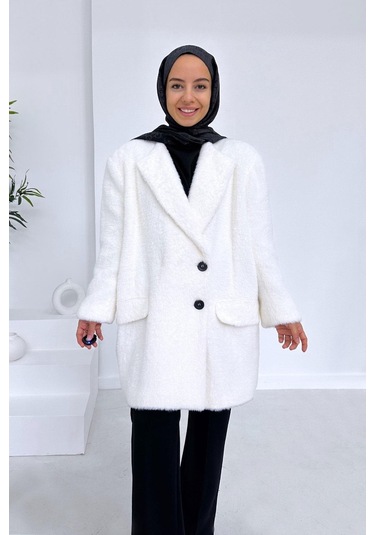 Ka Hijab Vatkalı Kürk Kaban - Beyaz Beyaz