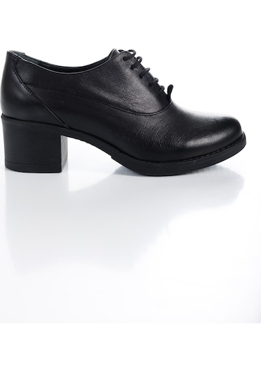 Hakiki Deri Kalın Topuklu Bağcıklı Siyah Oxford Kadın Ayakkabı Siyah