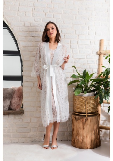 Gelin Set Transparan Midi Boy Kuşaklı Sabahlık Ekru Mgp12176 Ekru