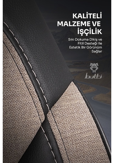 Bej - Siyah Butti Bello Serisi Keten Kumaş Premium Oto Koltuk Kılıfı Ortopedik Destekli, Ön Arka Tam Set