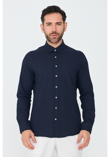 White Stone Lacivert %100 Pamuk Dynamic Fit Erkek Uzun Kollu Gömlek