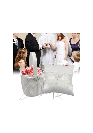 Monyee Beyaz Saten Ve Perya İçeren Nikah Çiçek Sepeti İle Yüzük Yastığı Seti Pmtz-075 Yeşil