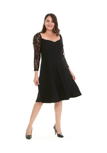Kare Yaka Kolları Dantelli Elbise-1480 Siyah