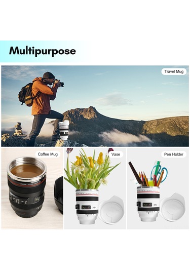 Moveevo Kamera Lens Tasarımlı Paslanmaz Çelik Termos Bardak, 400ml, Damlacık Önleyici, Fotoğraf Severler İçin, Beyaz Beyaz