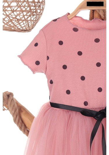 Puantiyeli Gül Kurusu Doğum Günü Ve Özel Günler İçin Kız Çocuk Tüllü Elbise 2-7 Yaş Aralığı Gül Kurusu Gülkurusu