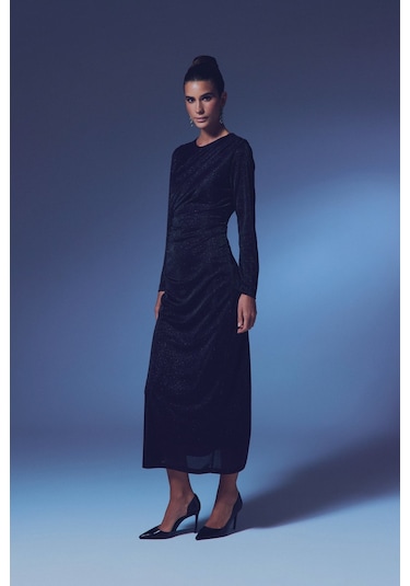 Simli Midi Elbise - Siyah-135359 Siyah