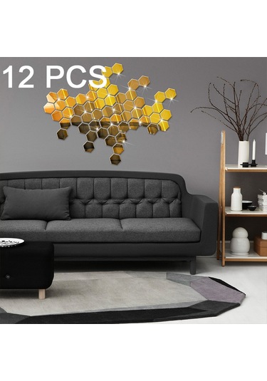 Sones 12 Adet 3d Altıgen Ayna Duvar Sticker Seti, Boyut: 4 4cm Altın Diğer