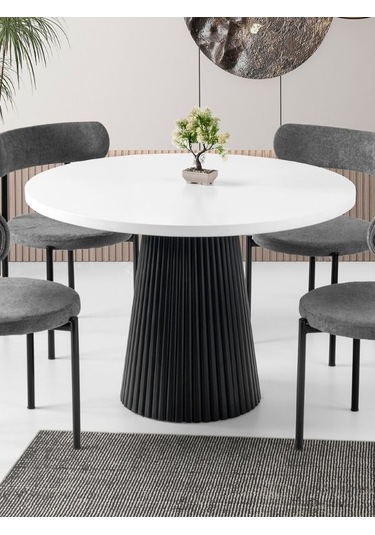 Milas Natural Ahşap Bohem Yemek Masası 130x130 Beyaz - Siyah