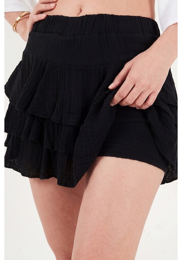 Lela Pamuklu Regular Fit Fırfırlı Mini Müslin Şort Etek Bayan Etek 5866662 Siyah