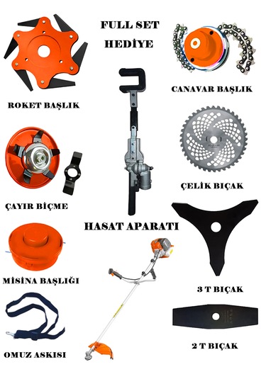 Eisenn 2000 Seri Yan Tip Benzinli Motorlu Tırpan + Zeytin Badem Hasat Makinesi 10 Parça Özel Set