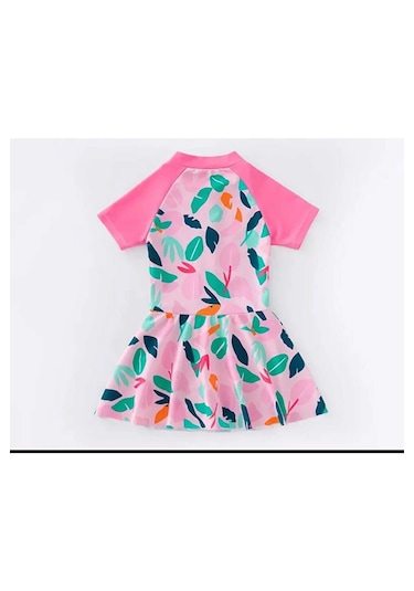 Kız Çocuk Etekli Şortlu Pembe Mor Renkli Önü Fermuarlı Mayo. Pembe