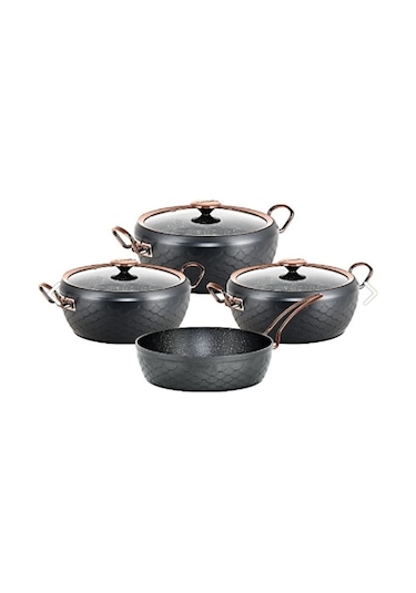 Oms Sirena 7 Parça Granit Tencere Set Bakır Kapaklı 3540 Antrasit