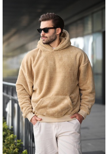 Bej Peluş Kapüşonlu Erkek Sweatshirt 6050 Bej