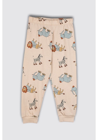 Zuzunga Sevimli Animal Aslan-zebra-fil Desenli %100 Pamuk Çocuk Pijama Takımı Ekru