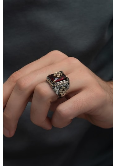 Kırmızı Taşlı Çiçek Motifli 925 Gümüş Erkek Yüzük