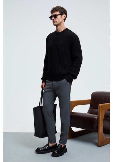 CRUDO Erkek Yanları Ve Arkası Cepli Fermuarlı Regular Fit Dokuma Koyu Gri Pantolon