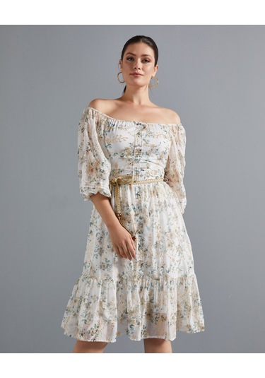 Çiçek Desenli Kadın Elbise - Omzu Açık - Düğme Detaylı - Modern Ve Şık Tasarım - Günlük Ve Özel Günler İçin Elbise Ekru