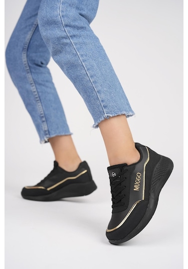Muggo Happy Garantili Kadın Ortopedik Günlük Bağcıklı Şık Rahat Sneaker Spor Ayakkabı Siyah - Altın