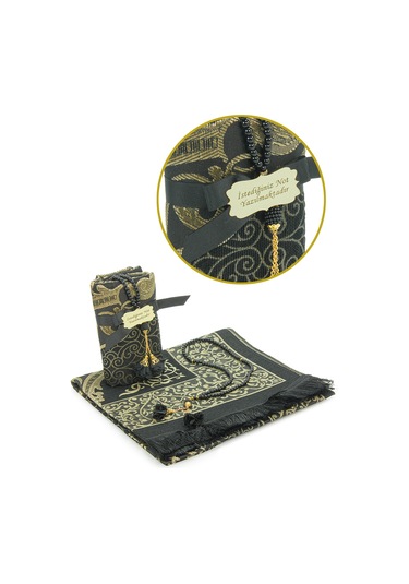 Hediyelik İsme Özel Tesbihli Seccade Seti Siyah Siyah