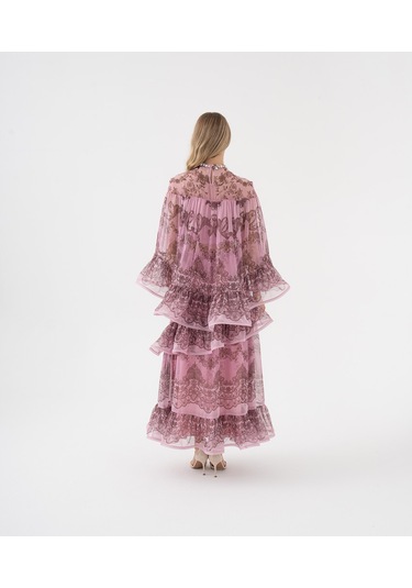 Dantel Desenli Katlı Şifon Volanlı Bluz Mor