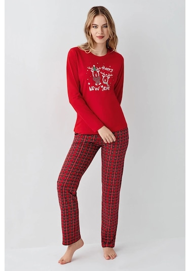 Arnetta 3514 Anne&kız Uzun Kollu Bisiklet Yaka Pijama Takımı-kırmızı Kırmızı