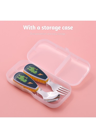 Vkemall 12 Aydan Büyük Çocuklar İçin Çelik Çatal Kaşık Seti Dinozor Desenli Depolama Kutusuyla Çok Renkli