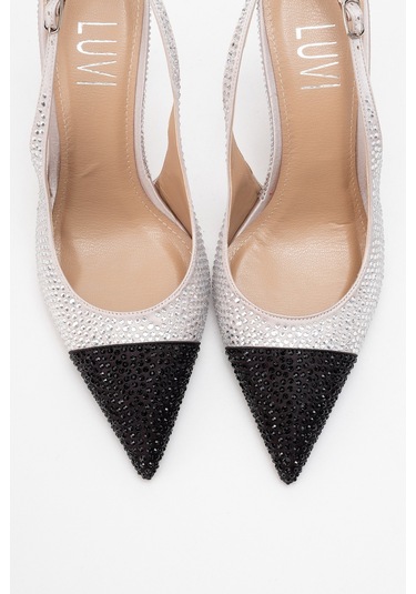 London Bej Siyah Gümüş Taşlı Kadın Yüksek Topuklu Ayakkabı Siyah - Bej
