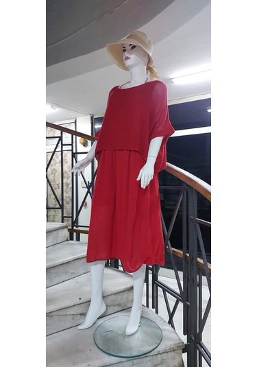 İtalyan Müslin Keteni Üstü File Bluzlu Astarlı Tek Parça Elbise Kırmızı