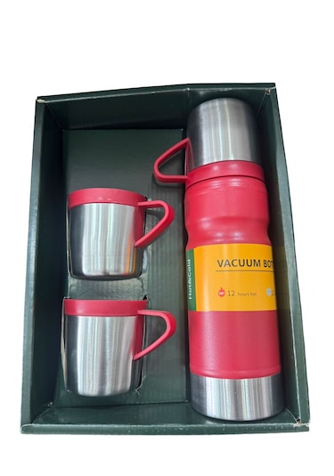 Thermohis 6158 Çelik Termos 3 Bardaklı Set Kırmızı