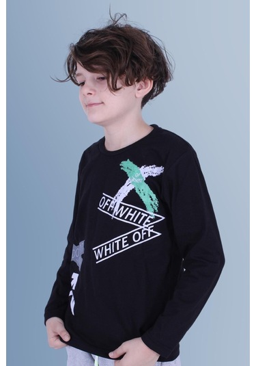 X Baskılı Uzun Kollu Erkek Çocuk Siyah Sweatshirt Siyah