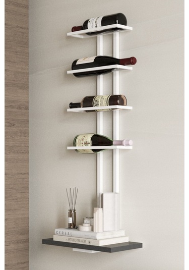 Aju Şaraplık Ve Kadeh Rafı Duvara Monte Şarap Mahzeni Modern Duvar Alkol Rafı Metal Ve Ahşap Tasarım Beyaz