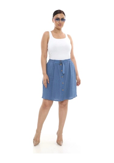 Büyük Beden Kadın Astarlı Müslin Kumaş Düğmeli Cepli Etek İndigo Mavi