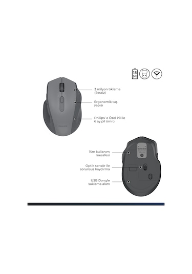 Philips SPK7547 Bluetooth Kablosuz Çift Modlu 4000DPI 7 Tuşlu Optik Mouse